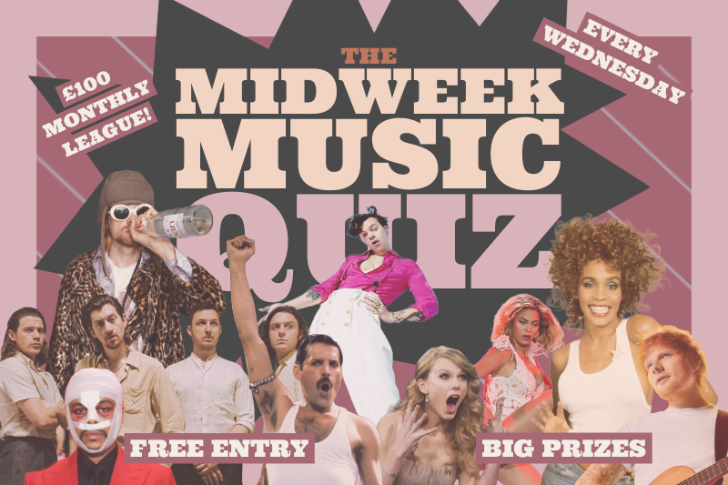 Graphic which says, "Mid-Week Music Quiz, Free Entry, Every Wednesday, Big Prizes"